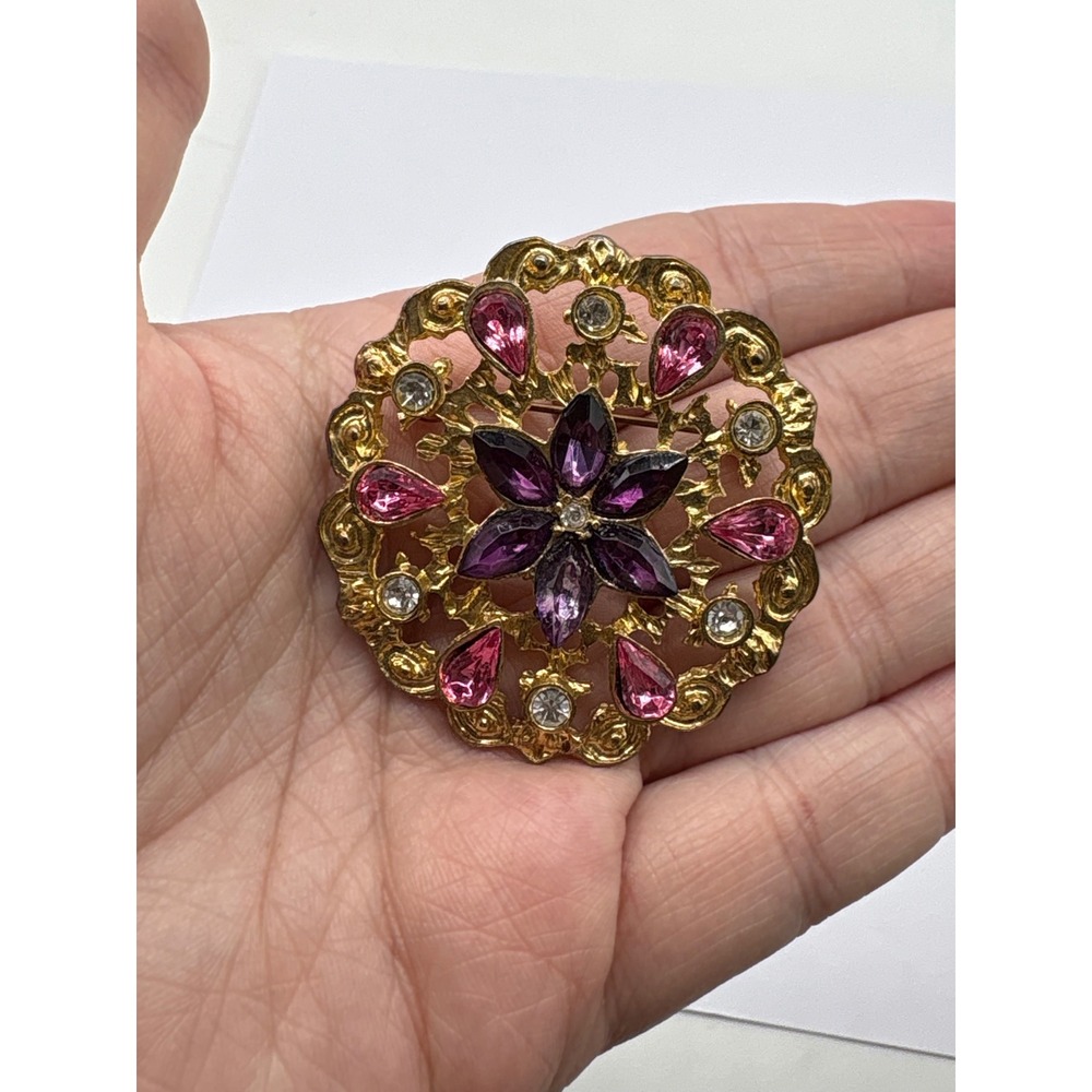 Vintage Gold‎ Tone Rosette Brooch Pink Purple Rhinestone Floral Pin J136